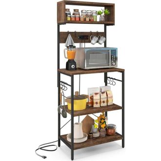 Costway Mensola da Cucina, Supporto per Microonde con Presa Elettrica Ripiani Aperti e 10 Ganci Appendiabiti, Scaffale Multifunzionale per Cucina