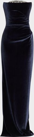 Pamella Roland Strapless Crystal Embellished Velvet Column Gown