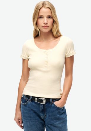 Superdry T-Shirt SUPERDRY ESSENTIAL BUTTON DOWN SS TOP, Damen, Gr. XL, beige (turtledove cream), Single Jersey, Obermaterial: 95% Baumwolle, 5% Elasthan, unifa