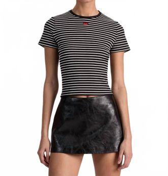 Alice & Olivia Cindy Embroidered Cropped Tee In Black Off White Stripe