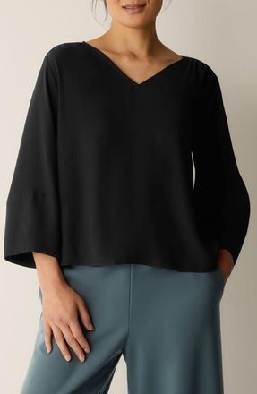 Eileen Fisher Lantern Sleeve Silk Top in Black at Nordstrom, Size Xx-Small