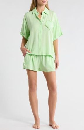 Betsey Johnson Heart Patch Cabana Button-Up Shirt & Shorts Cover-Up Set in Green at Nordstrom Rack, Size X-Large