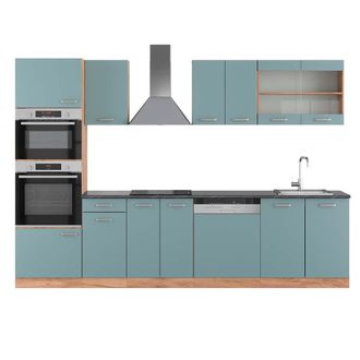 Vicco Mueble De Cocina R-line, Roble Azul-gris-dorado, 300 Cm Con Armario Alto, Et Antracita