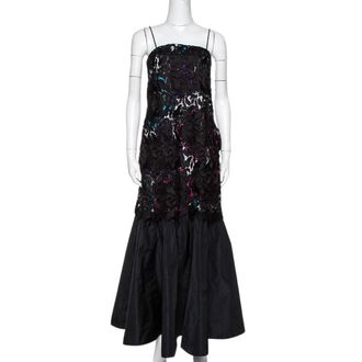 Emporio Armani Black Printed Satin & Lace Overlay Maxi Dress