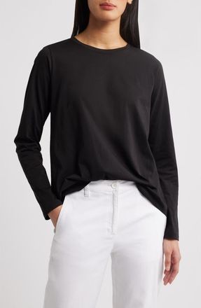 Eileen Fisher Long Sleeve Crewneck T-Shirt in Black at Nordstrom, Size Large