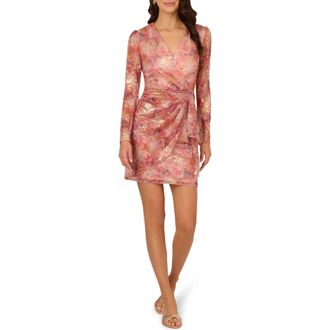 Adrianna Papell Print Metallic Crinkle Long Sleeve Dress in Blush Multi at Nordstrom, Size 18