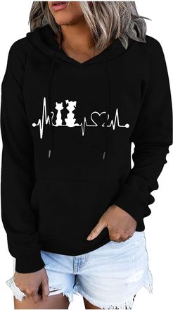 Generic Today Deals of The Day Clearance Sweatshirts for Women UK Oversized Women Pullover Casual Pocket Drawstring Long-Sleeved Hoodie Printed Sweater Long S