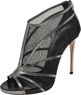 Casadei Metallic Grey/black Leather And Mesh Open-Toe Ankle Booties