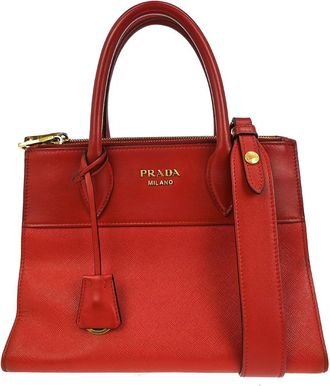 Prada Paradigme Tote Saffiano With City Calf Red Leather Handbag (Pre-Owned)