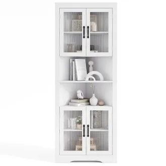 Costway Mobiletto Angolare Costway Alto 171 Cm, Credenza Triangolare Salvaspazio Con 4 Ante In Vetro Temperato, Ripiani Regolabili Per Cucina, Soggiorno
