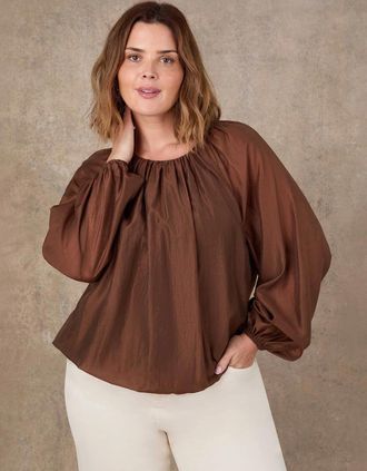 Live Unlimited London Womens Brown Blouson Sleeve Lyocell Rich Boho Blouse - Size: 18