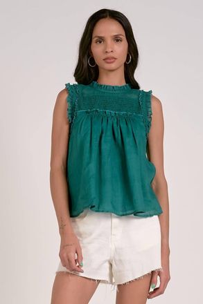Elan High Neck Smocked Top In Emerald