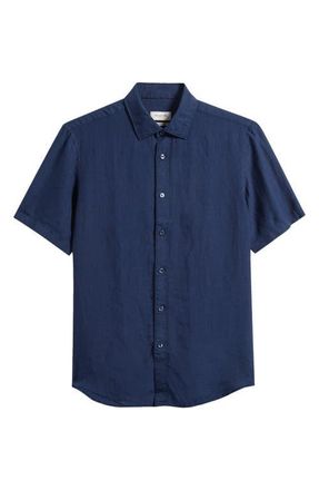 Bugatchi Orson Shaped Fit Short Sleeve Linen Button-Up Shirt in Navy at Nordstrom, Size Xxx-Large