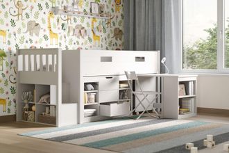 Flair Charlie Staircase Mid Sleeper Cabin Bed with Storage & Desk in White | Size: Single