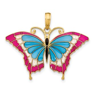Diamond2Deal 14k Yellow Gold Blue and Red Enameled Butterfly Pendant