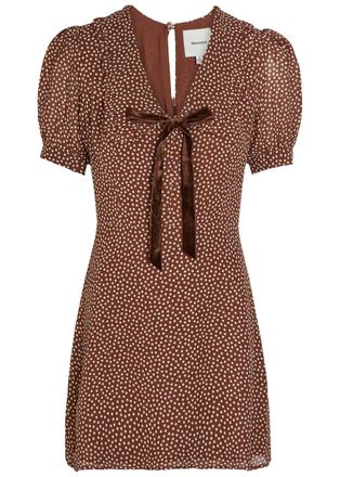 Reformation Kaylia Polka-dot Appliqu&eacute;d Chiffon Mini Dress - Brown - 12 (UK16 / XL)