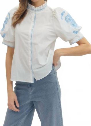 Entro Womens Floral Embroidered Puff Sleeve Top In White