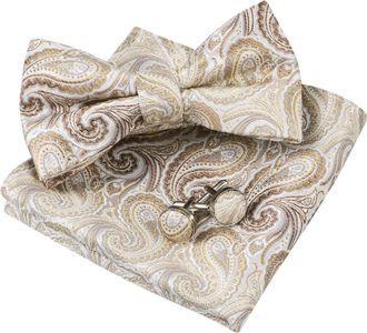 Alizeal Mens Paisley Retro Pre-tied Bow Tie Set Classic Party Wedding Bowtie, Pocket Square and Cufflinks Set, Khaki