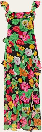 Milly Tulip Rosette Floral-Print Ruffle Maxi Dress