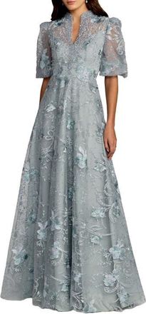 Mac Duggal Queen Anne Puff Sleeve A-Line Gown in French Blue at Nordstrom, Size 10