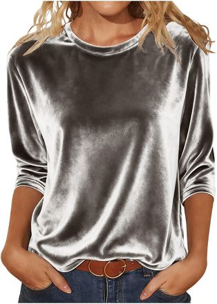 Generic Velvet Long Sleeve Tops Women Crew Neck Solid Gold Velvet Pullover Elegant Tunic Top Soft Loose T Shirts Casual V Neck Ladies Sweatshirts Classic Ligh