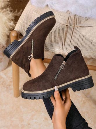 Generic Womens Ankle Boots, Side Zip Lace-Up, Mid Heel Round Toe Mocha Brown