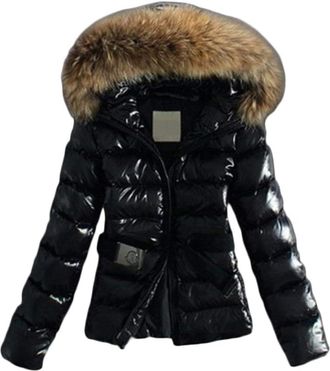 Generic Womens Winter Outdoor Windproof Waterproof Glossy Thickened Warm Down Jacket Fashion Casual with Faux Fur Collar Hooded Down Jacket (Black,S)