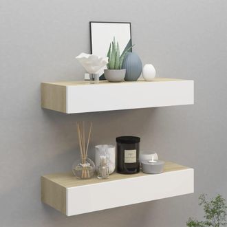 Berkfield Home Wall Drawer Shelves 2 pcs Oak & White 60x23.5x10cm MDF in Brown | Size: 60x23.5x10 cm