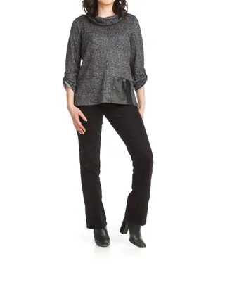 Papillon Knit Cowl Neck Tunic With Faux Leather Patch Pocket In Navy
