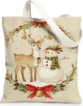 Generic Christmas Animal Canvas Tote, Vintage Reindeer Snow Man Design, Reusable Grocery Bag, Lightweight Washable Shoulder Strap for Travel Beach 13x15 Inch