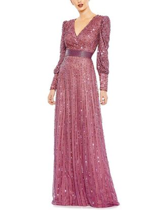 Mac Duggal Sequin Mesh Wrap Over Bishop Sleeve A-Line Gown