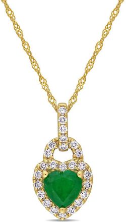 Amour 5/8 CT TGW Emerald and 1/4 CT TW Diamond Halo Heart Pendant with Chain In 14K Yellow Gold