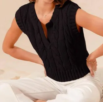 So Me Notched Neck Cable Knit Sweater Vest In Black
