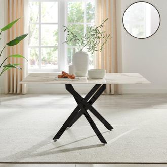 Furniturebox Leonardo 6-Seater Dining Table With Marble Effect Glass Top & Black Metal Legs in White