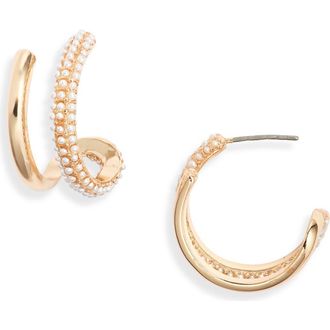 Open Edit Faux Pearl Hoop Earrings in White- Gold at Nordstrom Rack