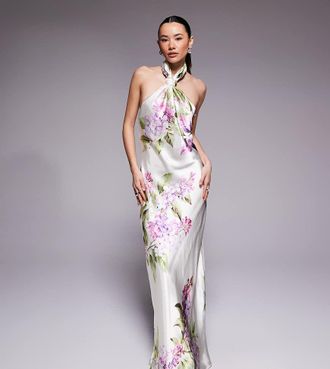 Forever New Vestito lungo allacciato al collo in raso color panna con stampa a fiori-Bianco