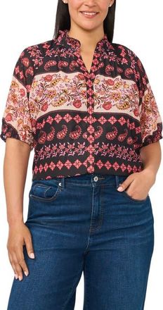 CeCe by Cynthia Steffe Ruffle Print Top in Rich Black at Nordstrom, Size 2X