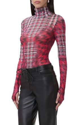 AFRM Zadie Mock Neck Printed Mesh Top in Ruby Houndstooth at Nordstrom, Size X-Large