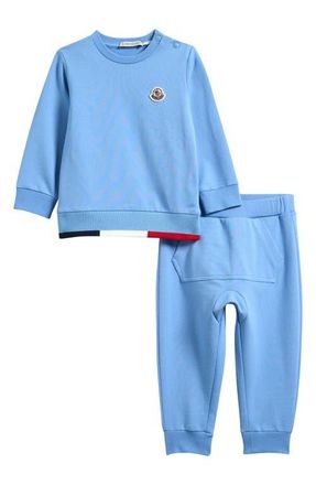 Moncler Kids Contrast Trim Stretch Cotton Sweatshirt & Joggers Set in Blue at Nordstrom, Size 12-18M