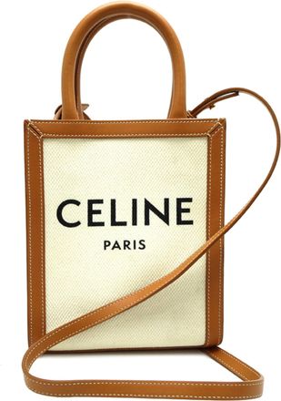 Celine Brown White Leather Canvas Tote Bag (Pre-Owned)