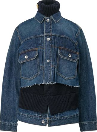 sacai Layered Denim and Wool Knit Jacket with Cropped Effect