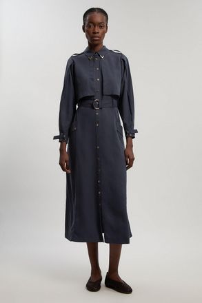 Karen Millen Womens Petite Cupro Utility Twill Woven Shirt Dress With Belt Detail - Navy Lyocell - Size 16 UK