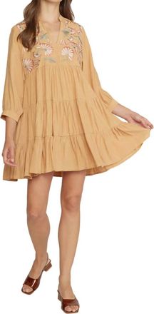 Entro Floral Embroidered Tiered Dress In Butter Rum