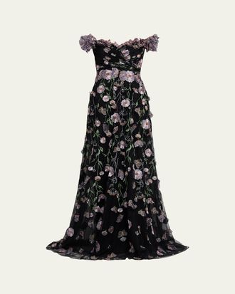 Teri Jon Embroidered Off-Shoulder Tulle Gown