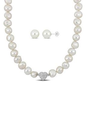 Delmar Cubic Zirconia & Cultured Pearl Necklace & Stud Earrings Set in Off White at Nordstrom Rack