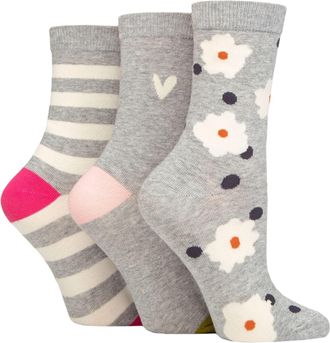 Caroline Gardner Ladies Patterned Cotton Socks Pack of 3 Flower and Spot Light Grey 4-8
