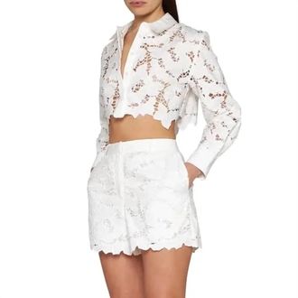 Self Portrait 3D Cotton Lace Shorts In White
