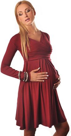 Purpless Maternity Long Sleeve Maternity V Neck Dress 4419 (14, Burgundy)