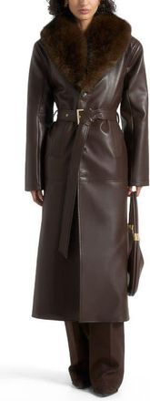Mani&egrave;re De Voir Cenya Fur Collar Belted Leather Coat in Brown at Nordstrom, Size 12