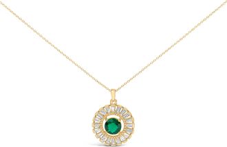 House of Brilliance 14K Yellow Gold Plated Silver Created Emerald and Diamond Sunburst Medallion Pendant Necklace